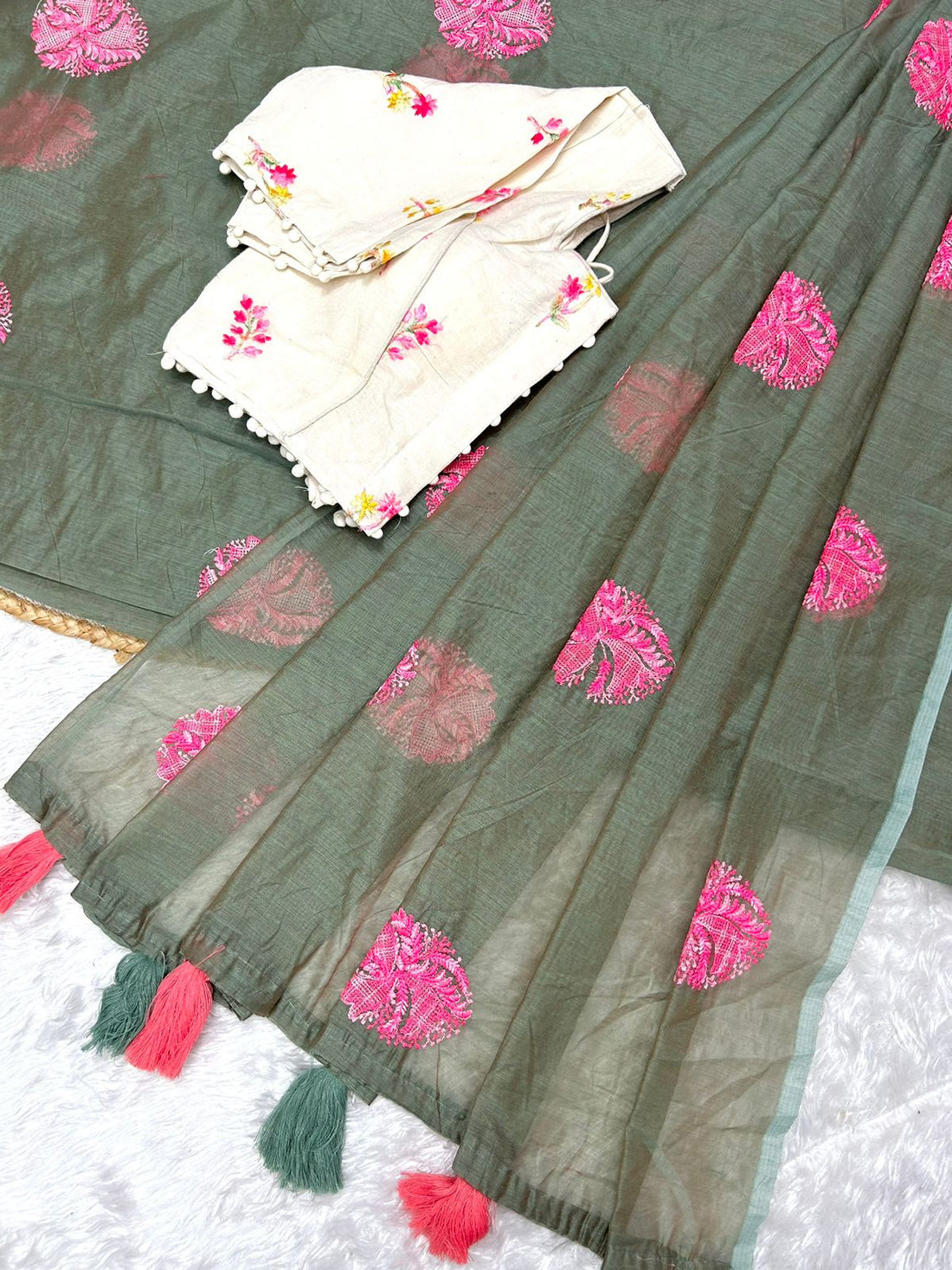 VT1104Ex Primium Chanderi Cotton With Multy Thread Butta Design And Heavy Cotton Tussels