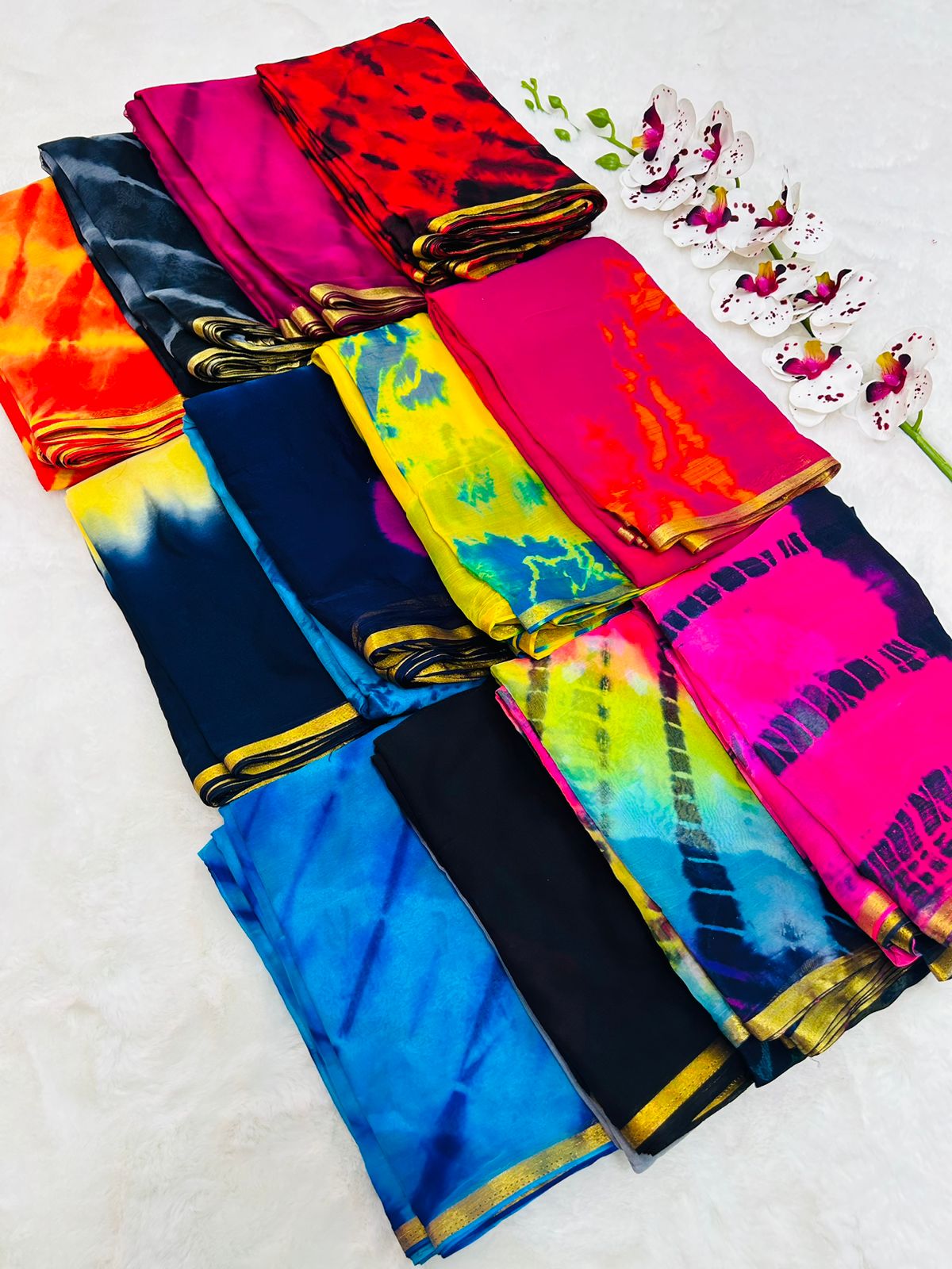 VT1120EX  Pure Soft Chiffon Spray Tie Die Saree With Zari Border