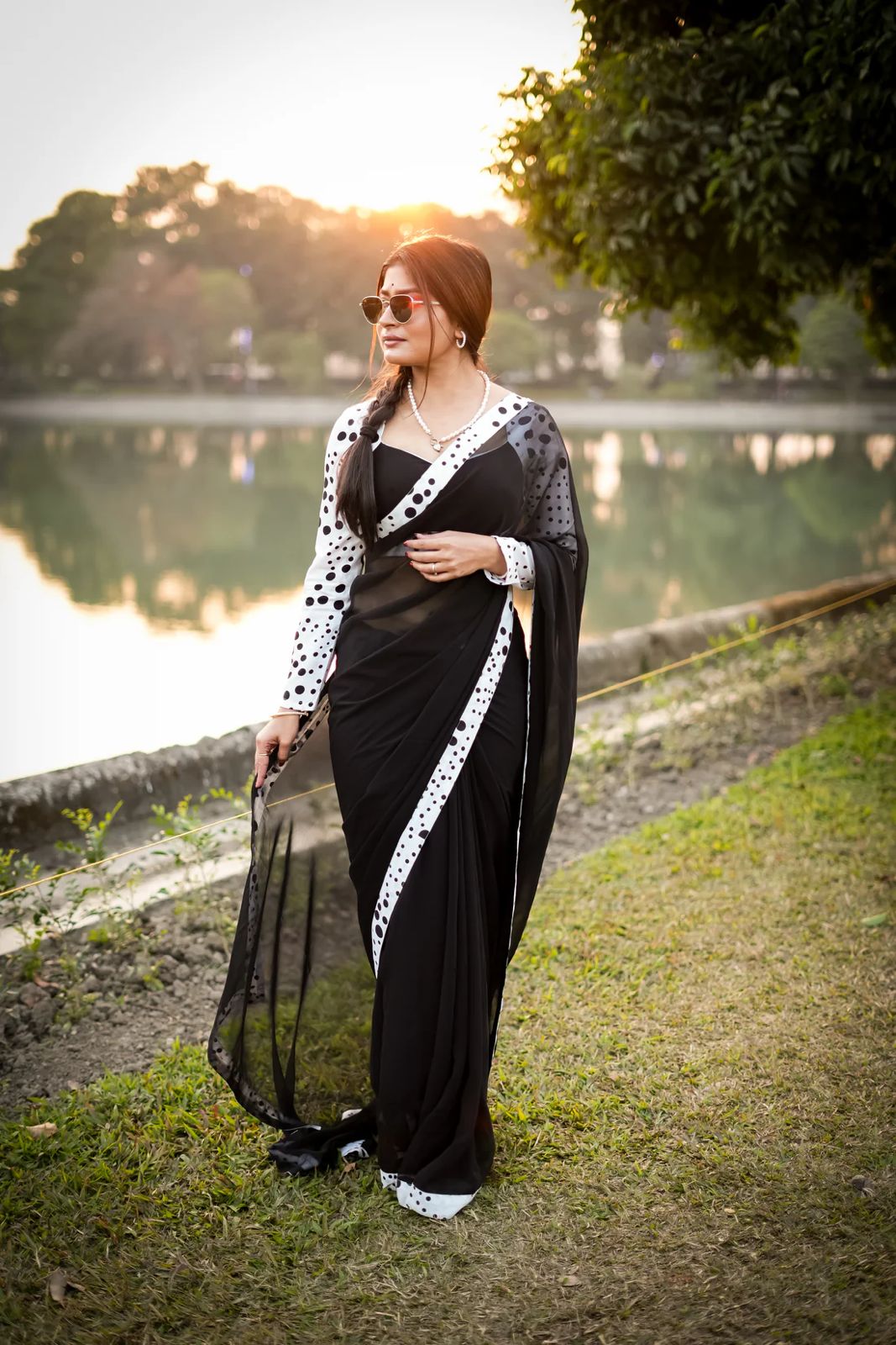 Black Georgette Saree With Satin Polka Dot Lace Border VT1117