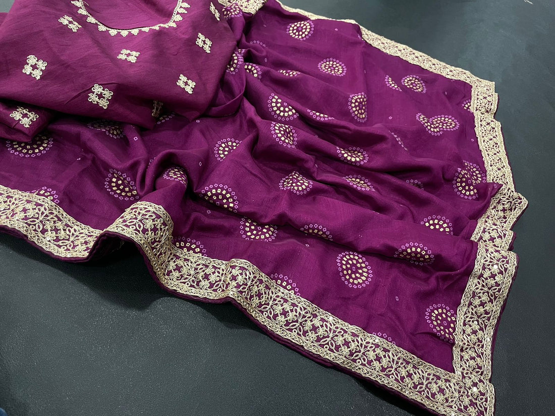 Pure Vichitra Silk With Batik Foil Work And Codding Sequnce Lace Border